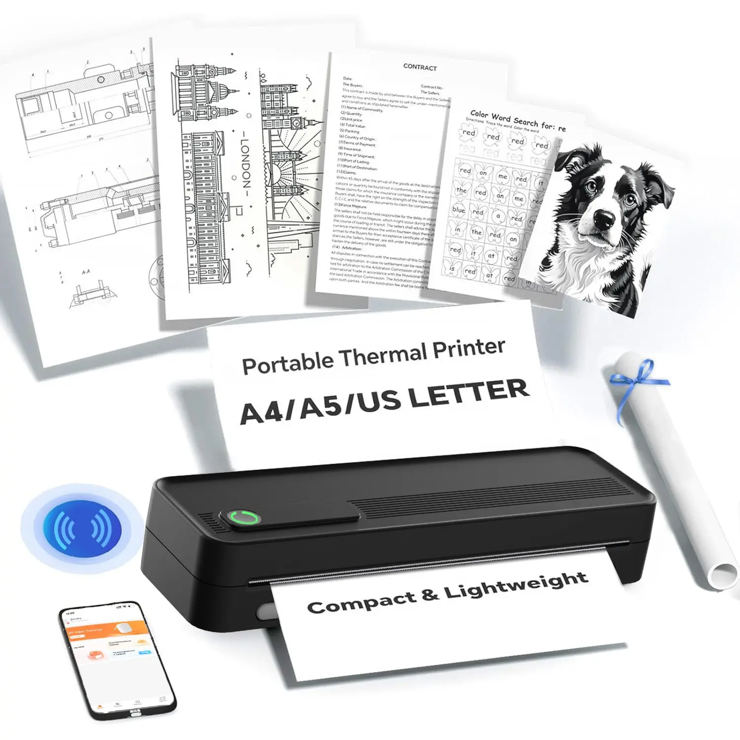 Portable Wireless A4 Thermal Printer, Inkless Home Office Error Correction Printer, Supports Phone Computer Multi-Size Paper Types, Portable Printer for Laptop
