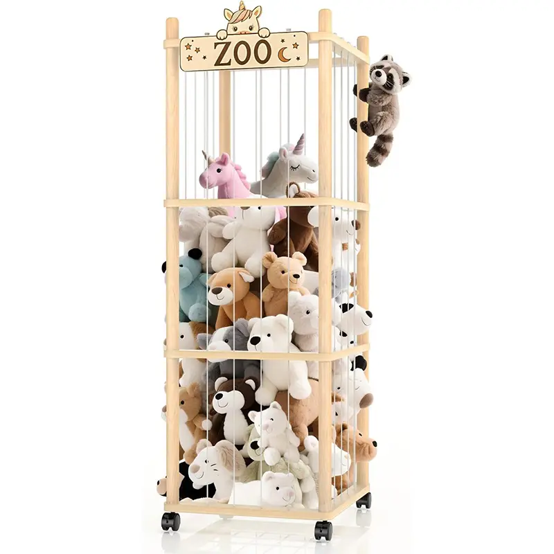 Pine Wood 3-Tier Rolling Animal Theme Cage-Shape Stuffed Animal Storage, Plushie Organizer with Elastic Cords & Wheels, Home Organizer Rack for Kids' Rooms & Playrooms, Playful Look Birthday Gift