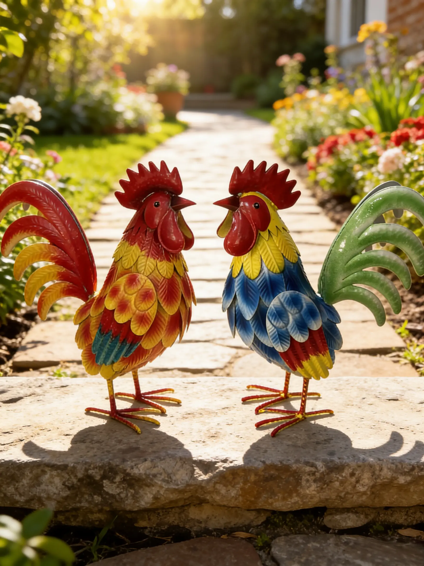 12-inch metal rooster garden ornament, medium-sized outdoor garden statue | Outdoor chick sculpture, 3D hand-painted, rustic farmhouse style, weather-resistant iron material, suitable for backyard, patio,    funny decoration,   lawn, and garden