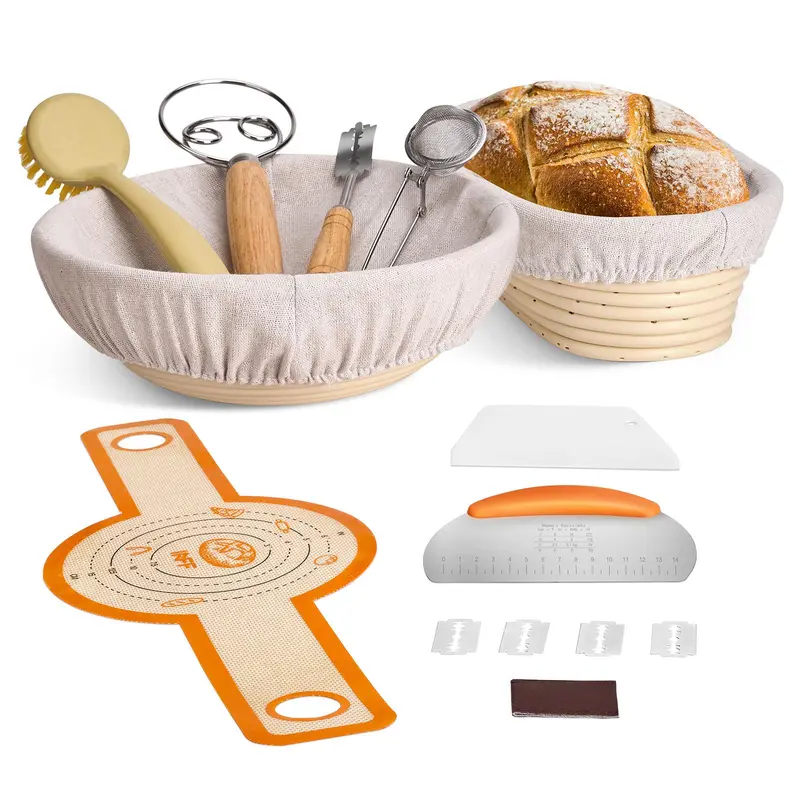 Banneton Sourdough Bread Proofing Basket Set – 10” Round + 9” Oval Bannetons with Linen Liner & Tools – Starter Kit for Homemade Bread Baking Handmade   Baked