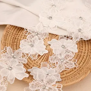 Organza Flower Trim 2 Yards 3D  Beads Flower Lace Trim Embroidered Applique Sewing Craft for Sewing,DIY Crafts, Decor(White)