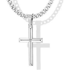 Fansilver Cross Necklace for Men Women with 5mm  Figaro Link Chain or Cuban Link Curb Chain Necklace 18-30 Inches Cross Necklace Jewelry with Gift Box