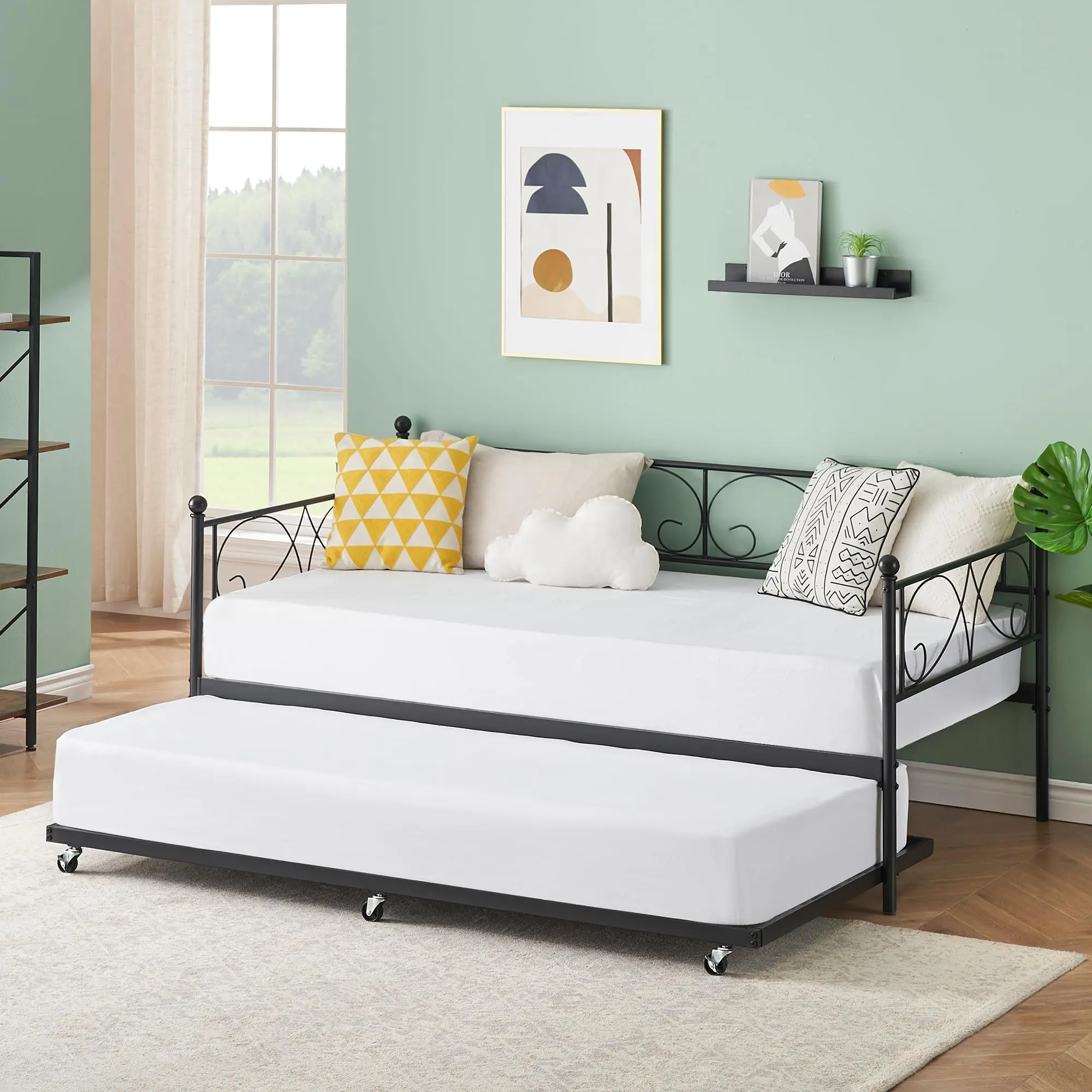 Garvee Twin Daybed with Pull Out Trundle Bed, Heavy Duty Metal Frame, Modern Design with Headboard, Sturdy Steel Slats Support, No Box Spring Needed, Space-Saving and Durable Sleep Solution