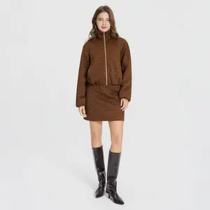 Women's Textured Jacquard Funnel-Neck Bomber Jacket- A New Day Brown Basket Weave XS