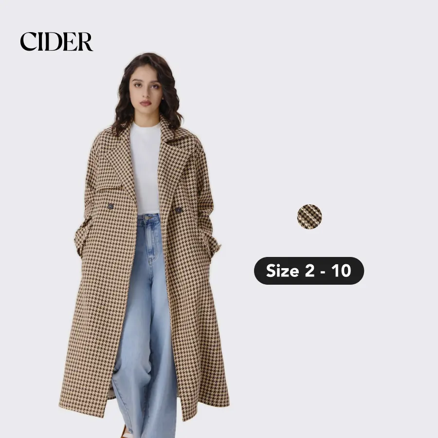 Cider [size 2-10] Tweed Collar Houndstooth Double Breasted Belted Coat SohoChic