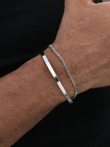 2-Piece Trendy Men's Stackable Stainless Steel Chain Cuff Bracelets, Simple Casual Street Style Adjustable Party Accessories Casual Trendy Jewelry Adjustable Cuffs Adjustable Slider Bracelets Cuff Bracelet Set