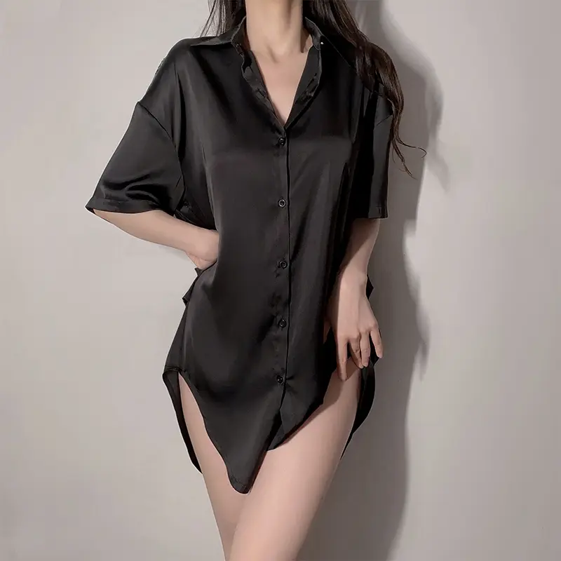 Oversized Satin Sleep Shirt with Lace Back Panel, Button-Down Nightshirt, Sizes S–XL Fabric Flowy Loungewear Mesh Fit Sleeves