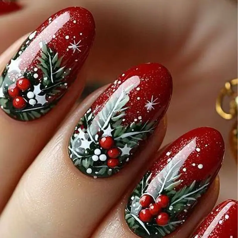 48-Piece Multi-Pack Christmas Press-On Nails, Oval Red Glitter Berry Design, Reusable Festive Nail Art Accessories for Gifting, Christmas Nails