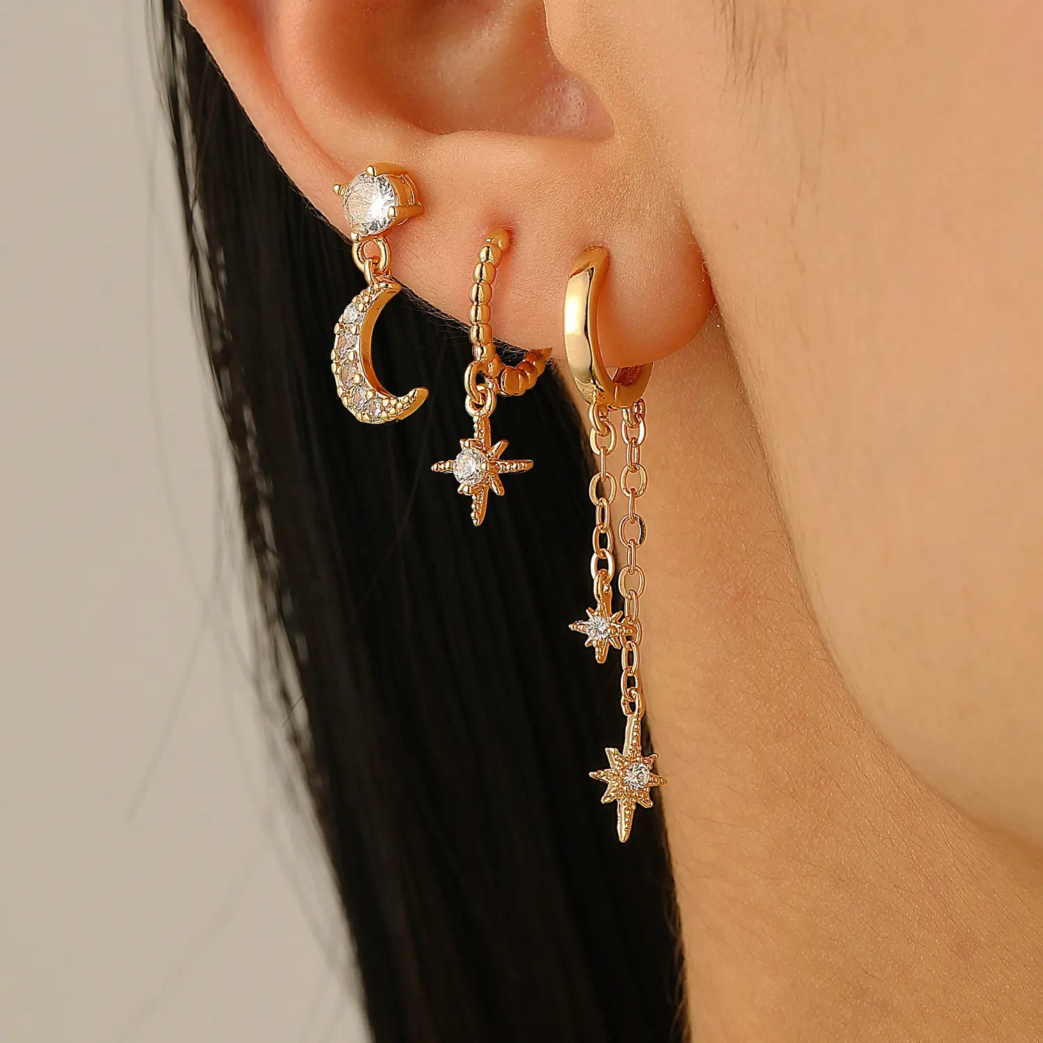 3Pcs Gold Stacks Hoop  Set for Women,Moon Star Crystal Cartilage  Pack,Silver Dainty Rhinestone Chain Tassel Huggie Dangle Jewelry earrings summerwins