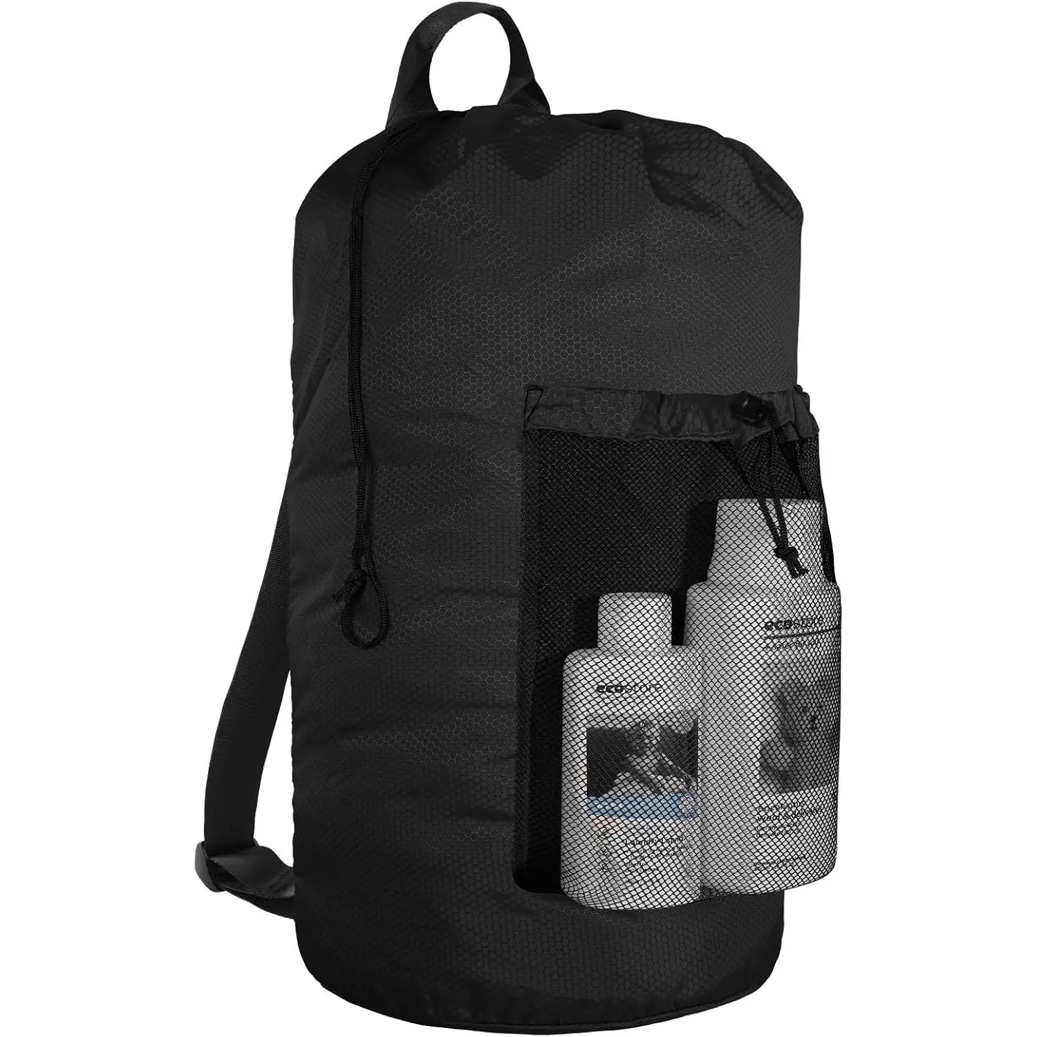 Laundry Bag Backpack, Large Travel Laundry Bags with Shoulder Straps & Mesh Pocket Durable Polyster Clothes Hamper Bag for College Laundromat Apartment (Black, Large)