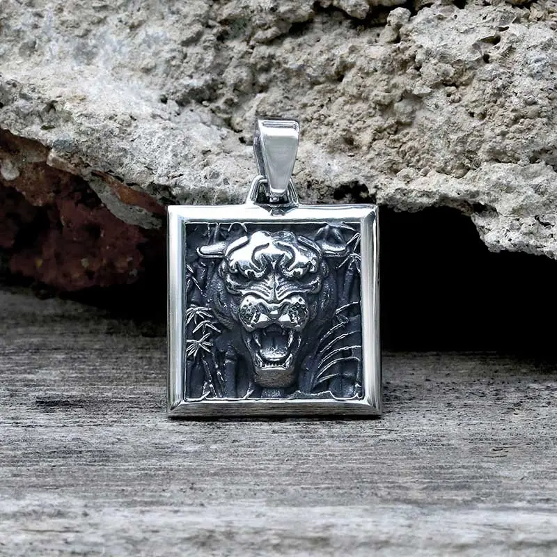 GTHIC Vintage Bamboo Tiger Stainless Steel Square Pendant Spirit Animal Jewelry for Men Women Father's Day Gift