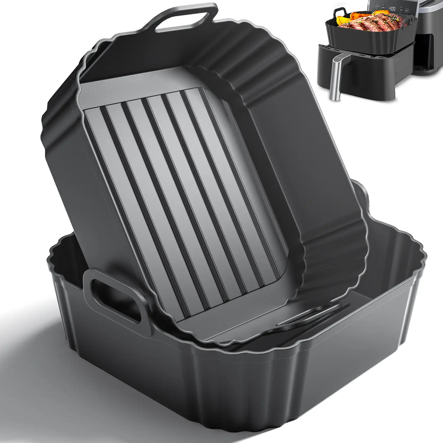 Masgarlan Square Silicone Air Fryer Liners 2 Pack, Compatible with Ninja AF141 181, 8.5 Inch Air Fryer Liners for COSORI 5-6.5 QT, Reusable Silicone Basket, Air Fryer Accessories