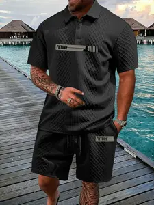Men's Letter Print Polo Shirt Short Sleeve Shorts Set, Casual Fashion, Spring & Fall, Regular Fit, Outdoor Wear, 2 Piece Pack