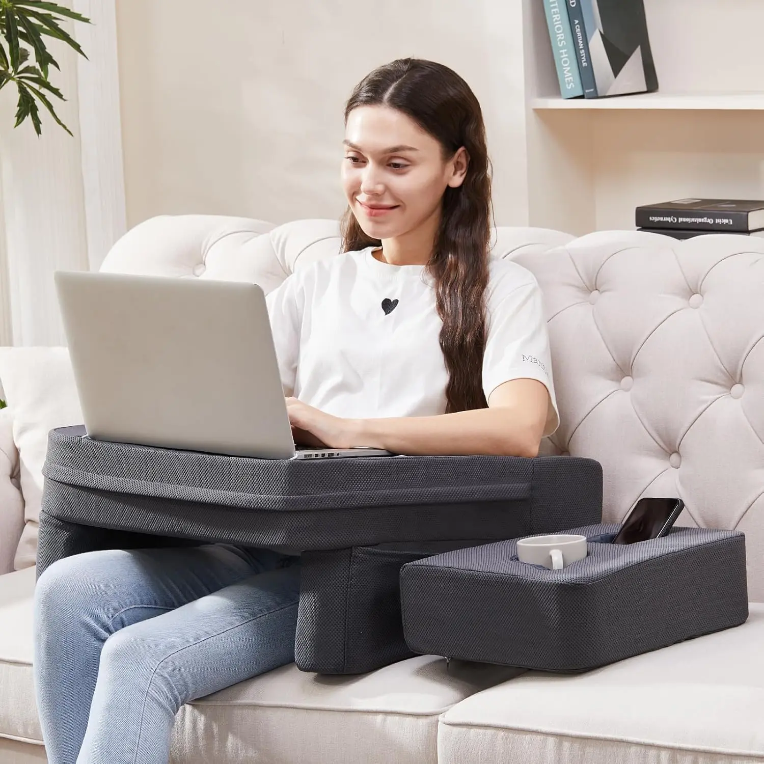 Lap Desk for Laptop, Reading Pillow for Adult, Memory  Gaming Pillow with Cup Holder, Arm Rest Couch Pillow for Working, Gaming, Reading, Laptop Desk for Couch Bed Floor(Grey)