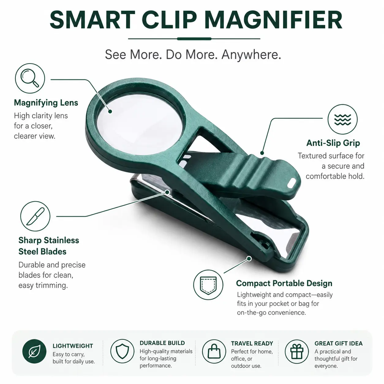 10X Magnifying Nail Clipper with Built-In Magnifier, Stainless Steel Nail Cutter with Adjustable Viewing Angle, Easy Grip Precision Trimmer for Fingernails & Toenails, Seniors & Adults