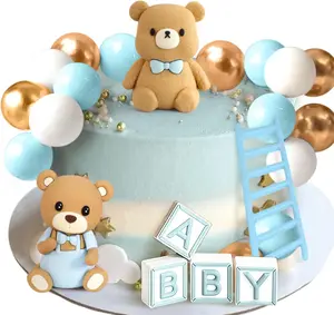 LaVenty cake shed cake topper gender reveal Baby Shower Cake Topper for Boy Bear Theme We Can Barely Wait Decorations Adorable Baby Boy Shower Cake Decorations with Bear Topper for Gender Reveal Newborn Celebration