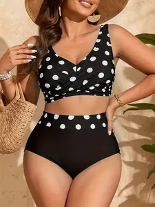 Plus Size Bikini Set with Polka Dot Print, Cross Chest Strap for Beach Vacation and Spa Swimming, Women's Swimwear High Waist Swimsuit