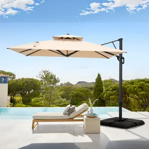 [Summer Vibes] [2-Box] 9*12 FT Cantilever Patio Umbrella with Weighted Base, 360 °   Rotation, Heavy Duty Hydraulic Double Umbrella Windproof for Outdoor Use