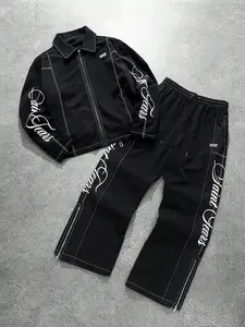 Unisex menswear streetwear casual style "Saint Tears" graphic letter patchwork long sleeve shirt jacket and trendy zip-up trousers set, Fitted, Functional zippers. Suitable for Y2K style, men's gifts, individualistic outfits, and punk style.