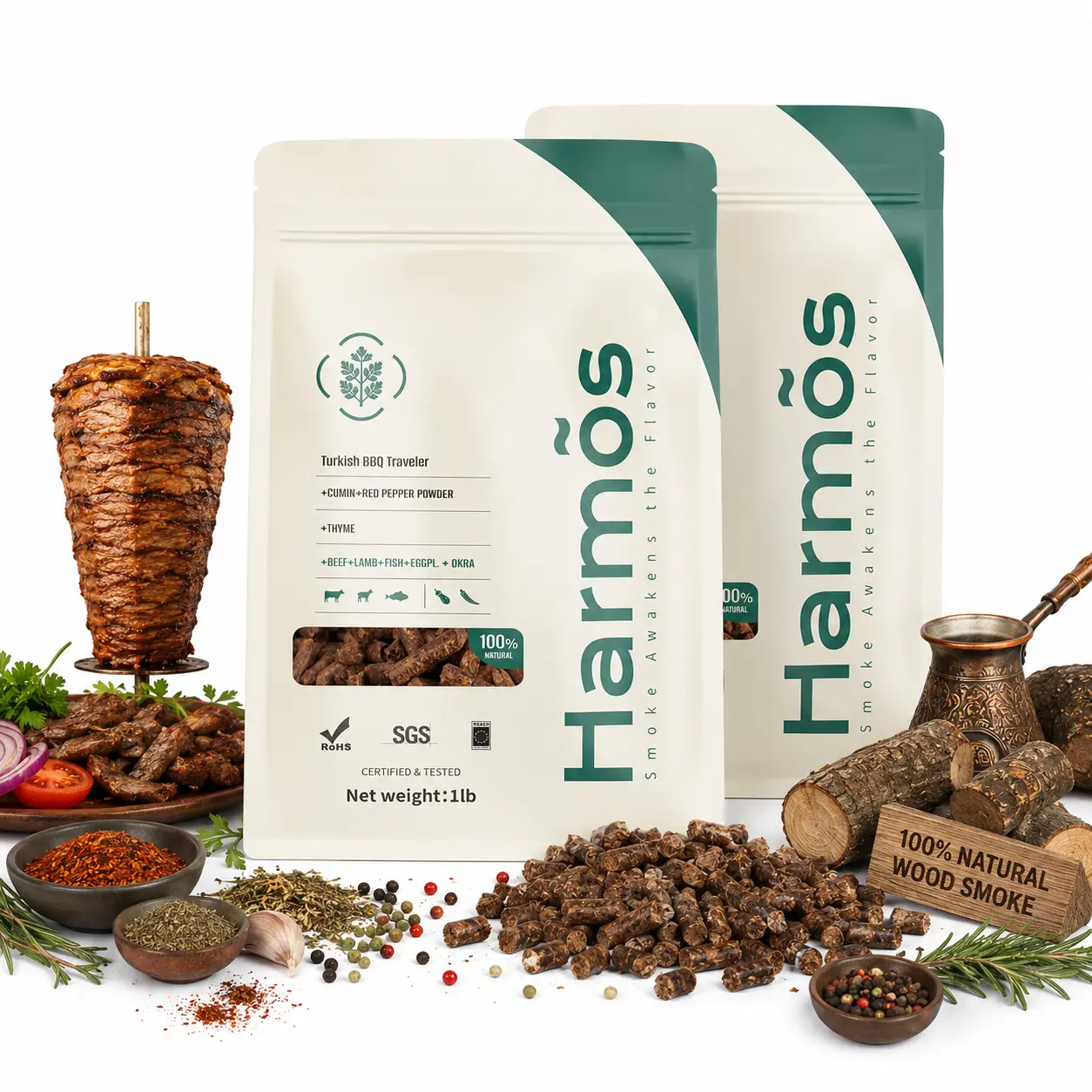 Harmos BBQ Wood Pellets Turkish Traveler  2-Pack Cumin & Red Pepper Wooden Smoker Pellets for Outdoor Cooking Oak, Hickory, Mesquite More Premium Pellets for Electric Pellet Grills Smokers