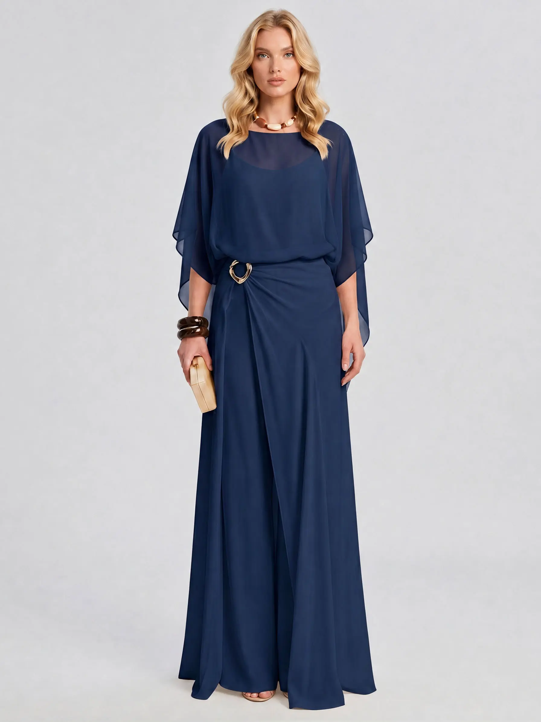LikeMyChoice 2026 Women’s Black Chiffon Cape Jumpsuit, Flowy Overlay & Gold Buckle Belt, Cocktail & Wedding Guest Outfit