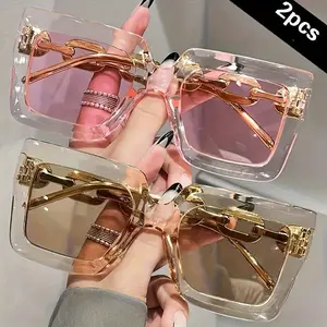 Women's 2-Pair Sunglasses Set - Oversized Vintage Rose Gold Metal Frame, Transparent Gradient Tinted Lens UV400, Lightweight Square Mirrored Shades, Stylish Female Eyewear for Parties, Outdoor Activities,summervibes