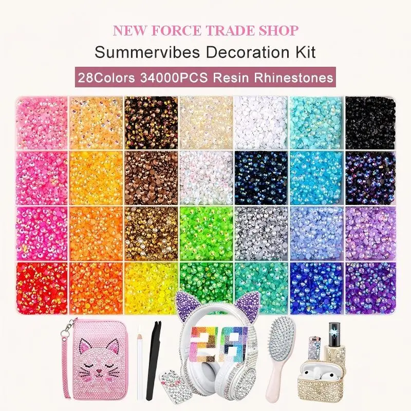 34,000pc Flatback Rhinestones for Glamorous Nail Art Design, 3mm Resin Bedazzling Kit in 28 Colors with AB Shimmer, Includes Tools for DIY Enthusiasts, Kit - Tweezers & Pick Up Pen ( Eight Rhinestone Kits, One Randomly As Gifted)