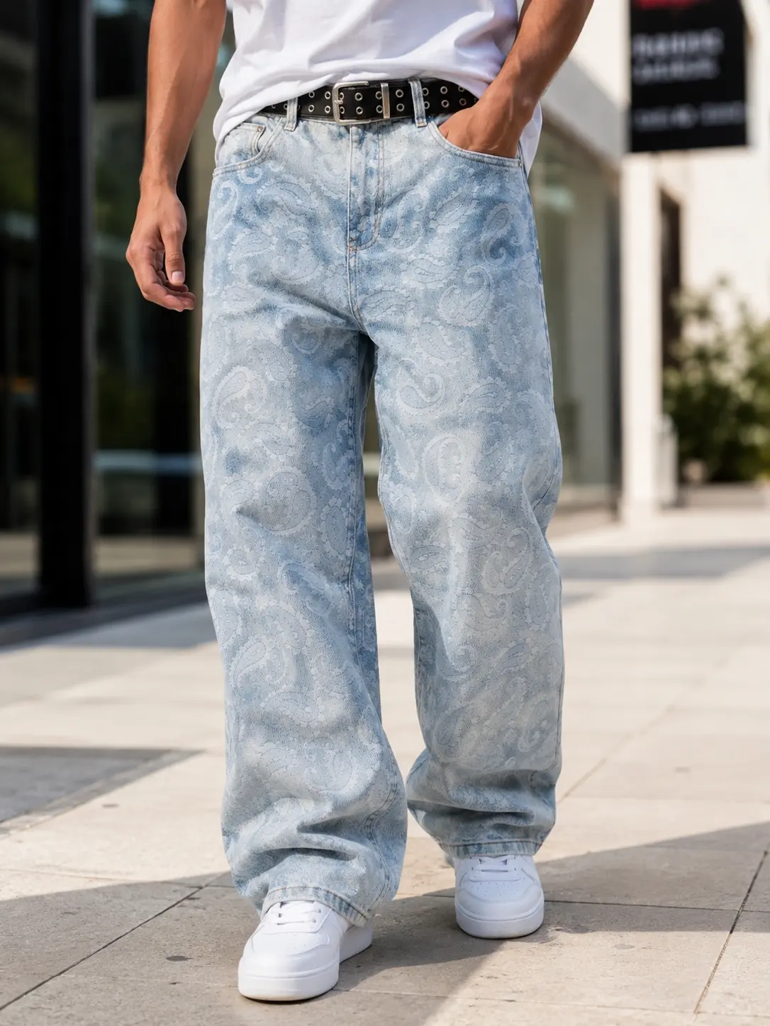 AxisStudios Men's Baggy Paisley Jeans, Y2K Streetwear Wide Leg Denim Pants, Light Blue Floral Pattern