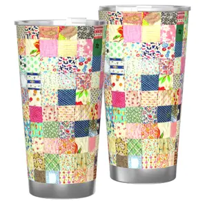 20oz Vintage Patchwork Quilt Print Insulated Tumbler, Retro Floral Collage Stainless Steel Travel Cup, Leak-Proof Lid, Hot & Cold Drinks, Cottagecore Aesthetic, Car Gym Office Use, Boho Style Fan Art Water Bottles