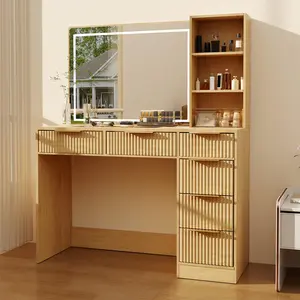 52 Inch Extra Large Fluted Makeup Vanity with 36 Inch LED Mirror 6 Drawers and Charging Station 2 AC plus 2 USB Modern Oak Dressing Table with Tempered Glass Top Natural Wood