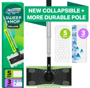 Swiffer Sweep + Mop Deluxe, Kit Includes 1 Sweep + Mop Device, 3 Heavy Duty Wet Mopping Pads, 5 Heavy Duty Dry Sweeping Cloths