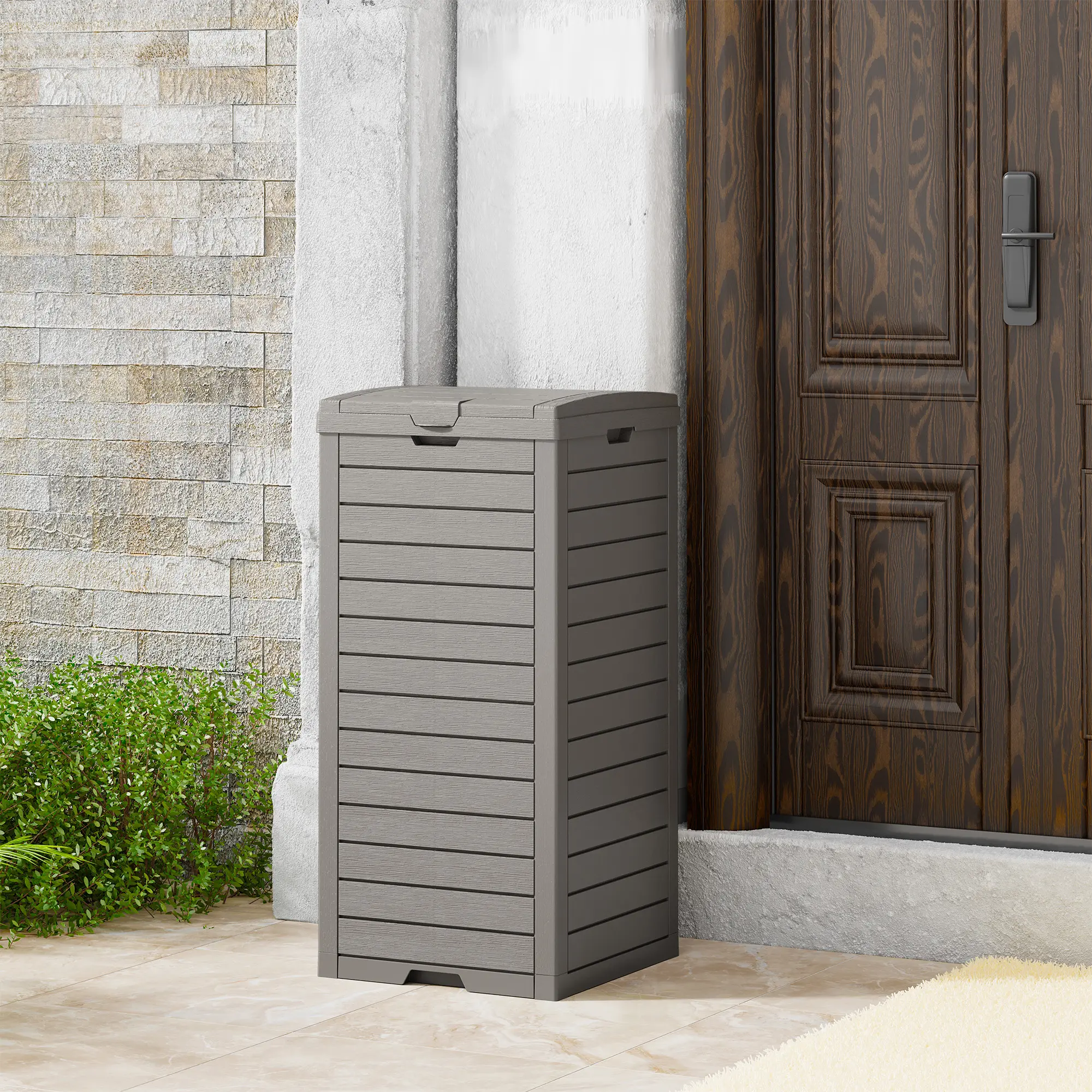 31 Gallon Large Outdoor Trash Can, Waterproof Resin Hideaway Garbage Bin with Lid and Drip Tray, Outside Trash Bin for Porch, Backyard, Deck, Patio, Garden, Poolside, Easy to Clean, Gray,Summervibes