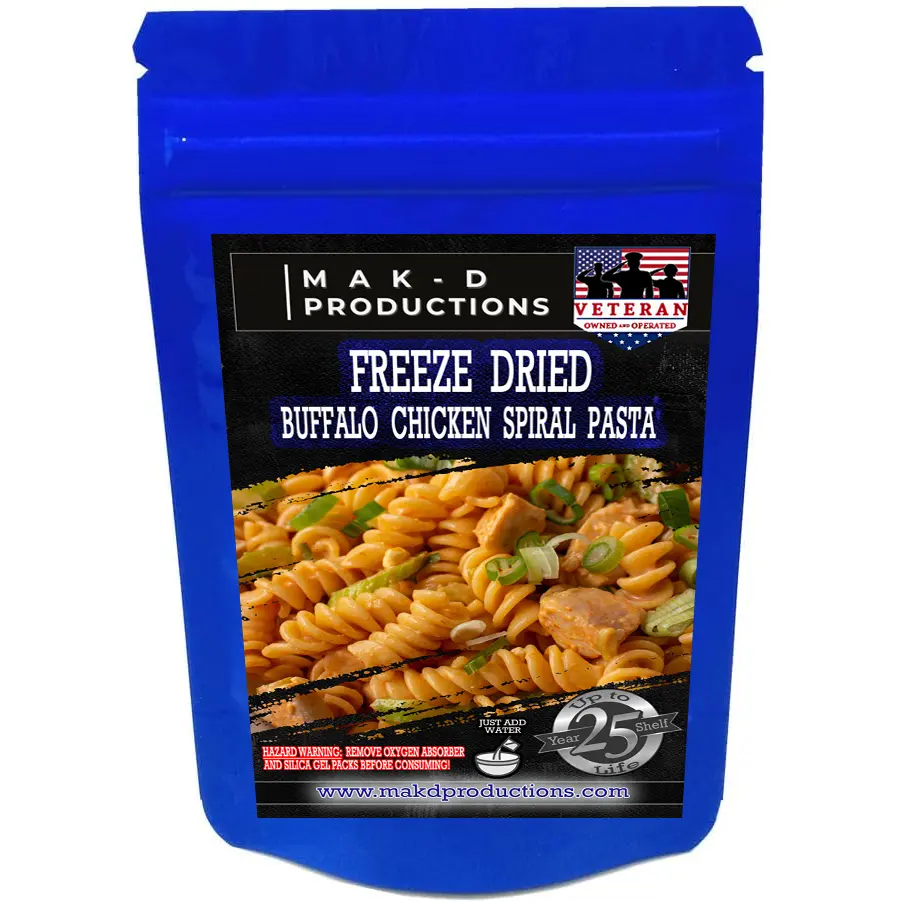 MAK D Productions - Freeze Dried Meal  - Chicken - Pasta - Buffalo Chicken Spiral Pasta - Gourmet Recipes by a Sullivan University (Louisville, Kentucky) Culinary Chef Graduate - NEVER BLAND TASTING - MADE IN THE USA
