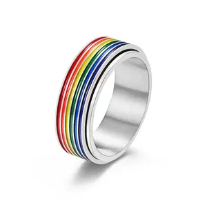 Stainless steel rotatable rainbow ring ring niche decompression couple ring party jewelry suitable for daily commuting