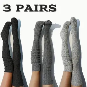 3 pairs of women's thick knitted knee high socks, solid colored long tube socks, woolen socks, college style socks, essential warm socks for wearing skirts, autumn and winter fashionable socks