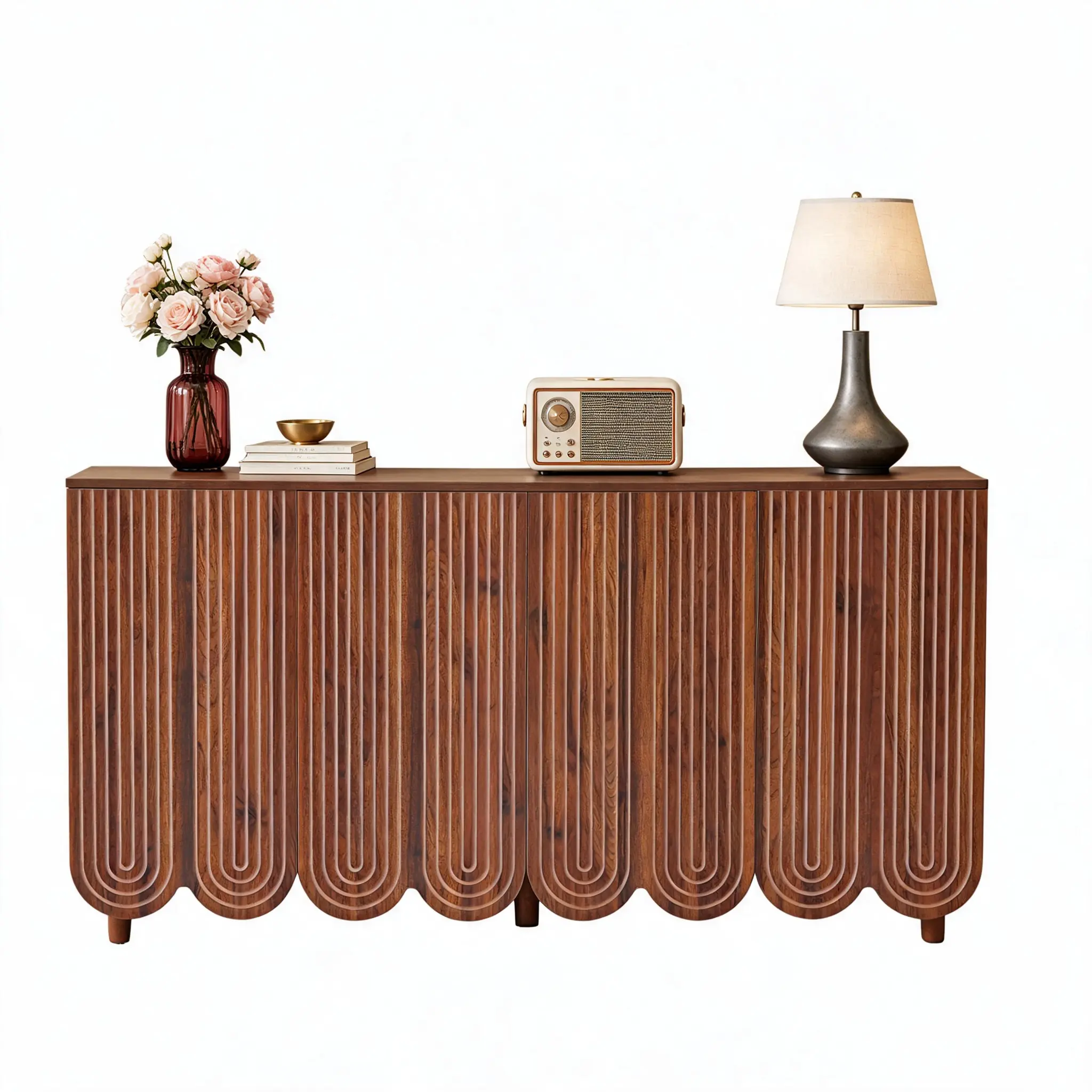 Giratree 63" Buffet Cabinet with Scalloped Arched Doors, 4-Door Sideboard with Adjustable Shelves, Push-to-Open & Soft-Close Hinges, Solid Wood Legs Storage Cabinet for Coffee Bar TV Console
