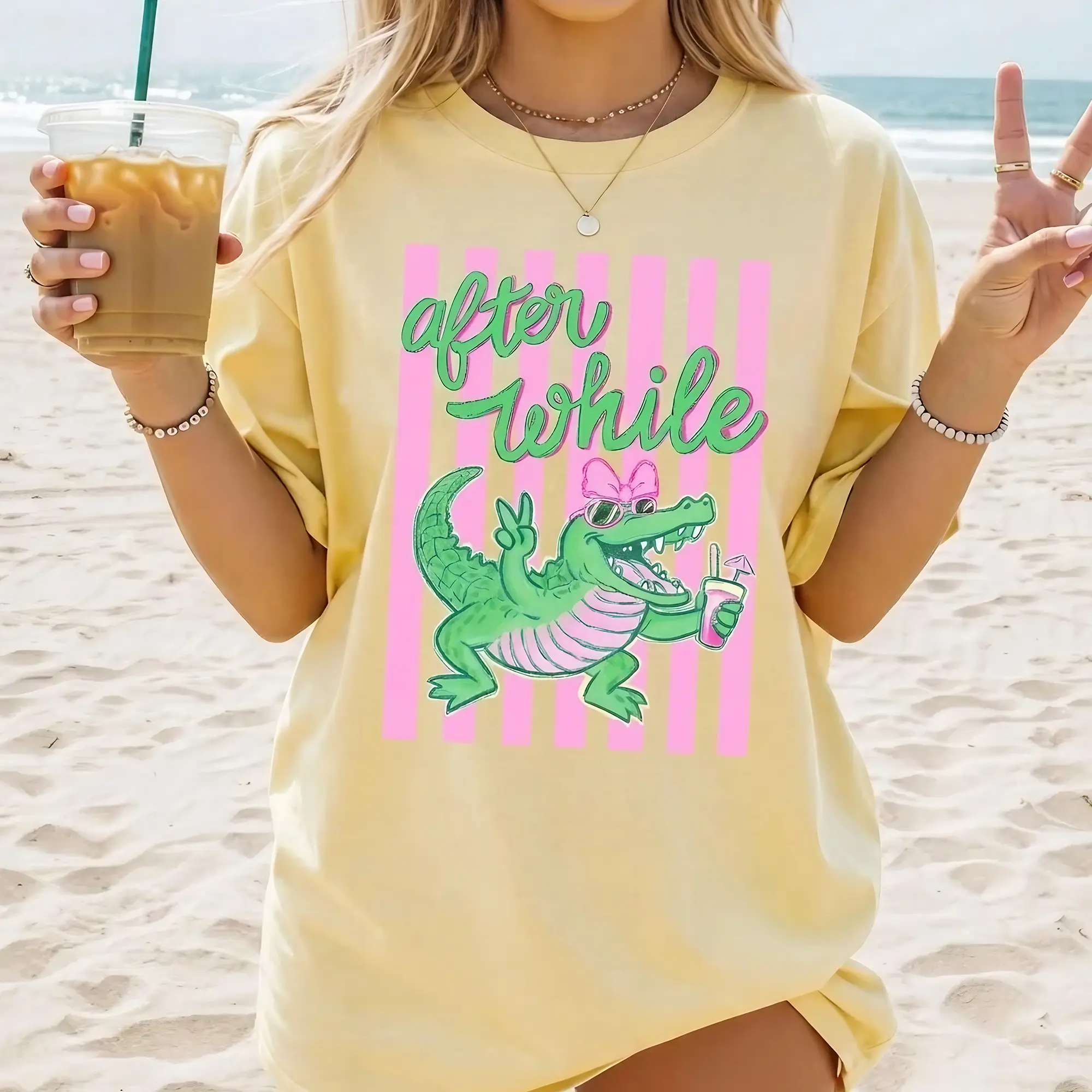 BojjiCo After While Crocodile Graphic T-Shirt For Women Teens Preppy Retro Coquette Aesthetic Ivory Cotton Casual Tee Later Gator Summer Beach Party Pink Green Alligator With Bow Trendy Y2K Festival Vacation Top Novelty Clothing