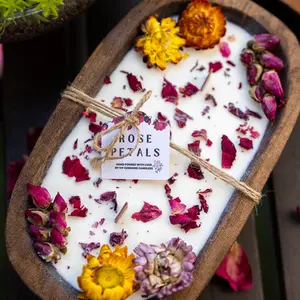 Dough Bowl Candle With Wood Wick and Soy Wax/With  Rose Petal / Rose Garden /Farmhouse Candle/3 Wood Wick Candle /Summer Scents Decor Decoration Flower Gift