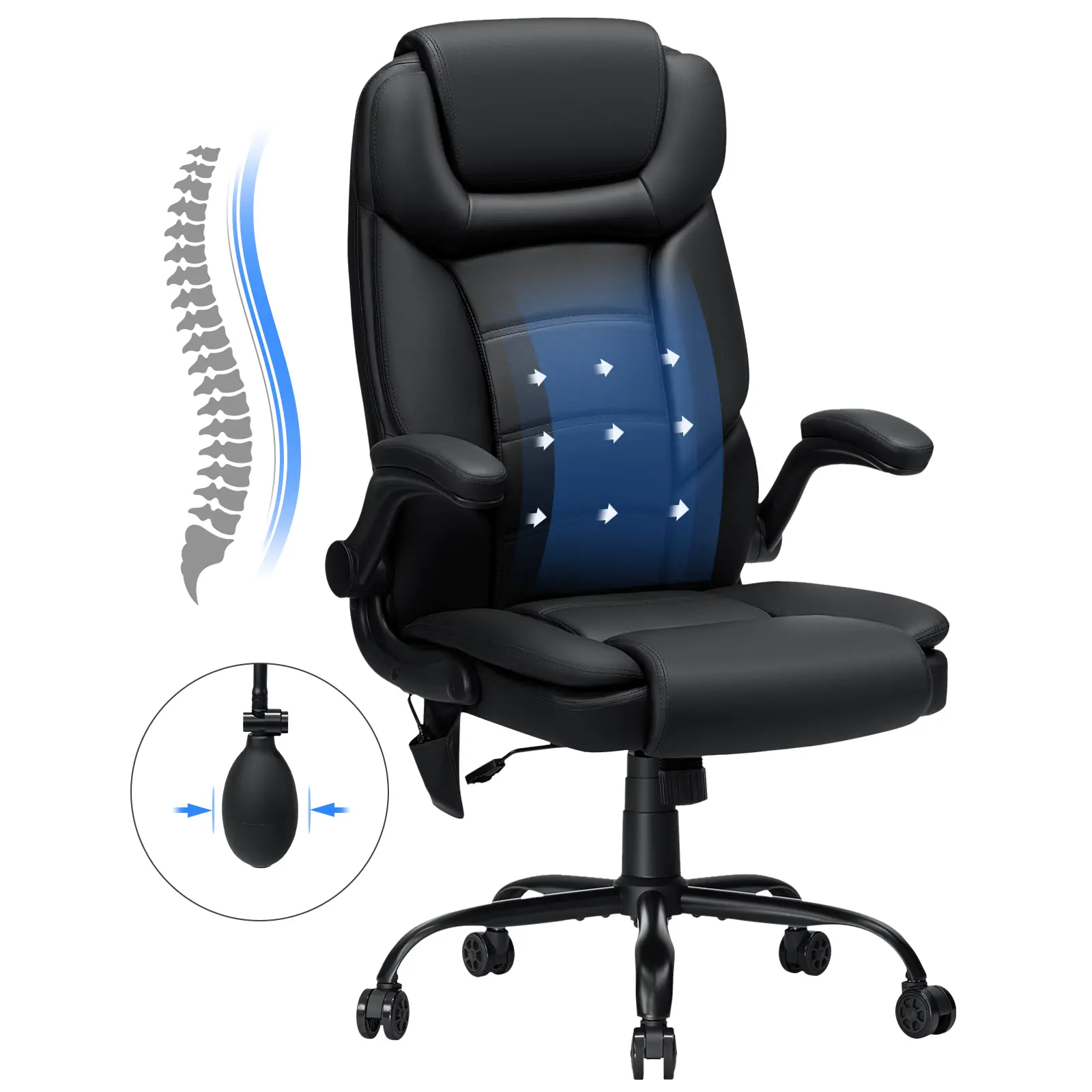 HOFFREE Big and Tall Office Chair 450lbs Heavy Duty Executive Desk Chair with Adjustable Lumbar Support High Back Ergonomic Home Computer Leather Chair with Padded Flip-up Arms for Heavy People,Black