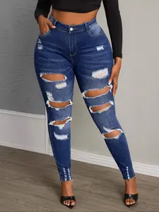 Plus Size Stretch Denim Jeans Ripped Skinny Pants, Casual Fit for All Seasons, Comfortable Tight-Fitting Denim Trousers