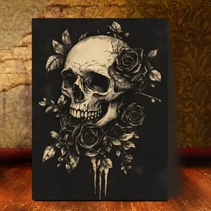 1 Piece, 2D Flat Wooden Frame Canvas Wall Art, Hangable Black Rose and Skull Dark Academic Style, Bedroom Living Room Decorative Canvas Wall Art, Framed LLPKH23053, Perfect for Room Decoration
