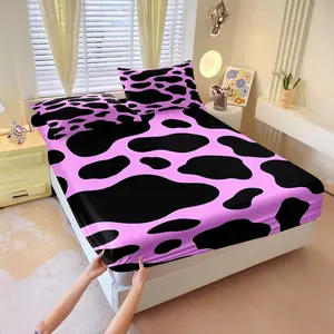 3Pcs Pastel Bubblegum Pink Cow Print Fitted Sheet Set, Modern Design with Organic Black Spots, Soft and Durable Fabric, Perfect for Fun Bedroom Makeover and Playful Y2K Aesthetic! Includes 2 Pillowcases, No Pillow Core
