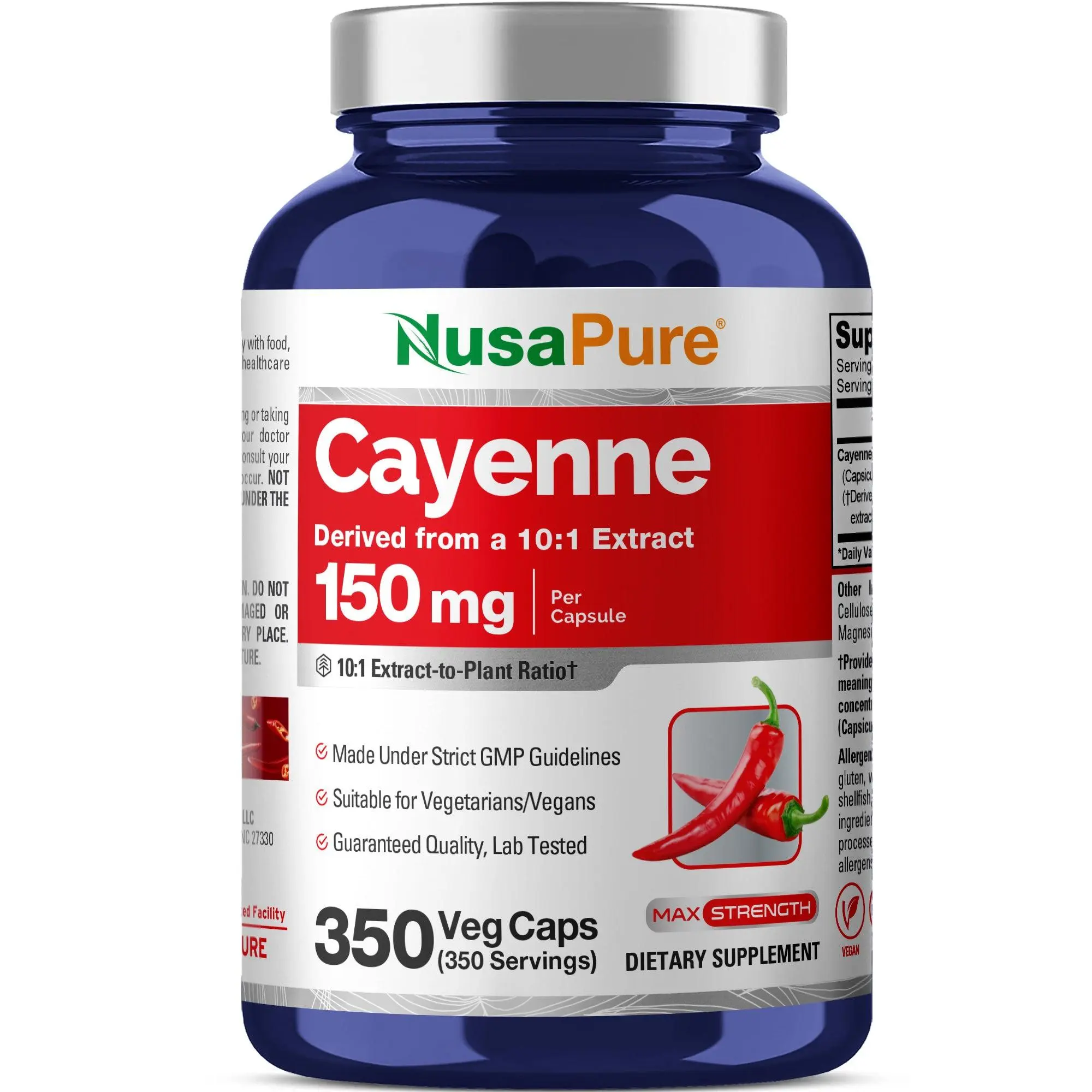 NusaPure Cayenne Pepper Dietary Nutritional Supplement, 150mg Single-Ingredient Oral Capsule, 350 Vegan Veggie Capsules, Non-GMO, GMP-Certified Vitamins, Minerals & Wellness Supplements, Cayenne Pepper Vitamins, Minerals & Wellness Supplements