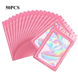 50 Thick Odor-Proof Aluminum Foil Bags 6x10cm, Laser Colorful Plastic Reusable Sealed Bags with Transparent Window, Magic Packaging Bags, Reusable Storage Bags