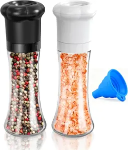 Manual Salt and Pepper Grinder Set For Professional Chef, Refillable Salt and Pepper Shakers with Ceramic Blades, Adjustable Coarseness and BPA-free 180ml Glass Container, Tall Black White