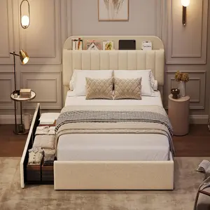 Modern Boucle Upholstered Twin Platform Bed Frame with Bookcase Headboard & 2 Drawers – Noise-Free, No Box Spring Needed, Easy Assembly, Bedroom Furniture – Pink, Gray