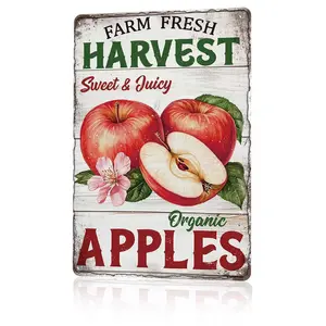 Farm Fresh Harvest Organic Apples Metal Sign 12x8 In Aluminum, Vintage Watercolor Apple Tin Sign for Farm Stand, Kitchen, Decor, Retro Farmhouse Wall Art