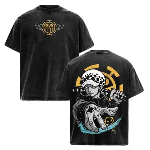 Trafalgar Law Retro Acid Washed T-Shirt – Vintage Anime Manga Graphic Tee, Oversized Lightweight Cotton Streetwear Shirt, Casual Anime Fan Gift