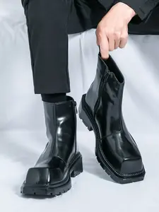 Men's Thick Rubber Sole Motorcycle Boots, Street Style Cool Height Increase Anti-Slip Closed Square Toe Retro Trendy Shoes, Unique Design Fashion Boot