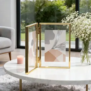 Elegant Golden Double Transparent Folding Metal Photo Frame - For 6/7/8/10-Inch Photos, High-End Home Decor Tabletop, Sturdy Frame